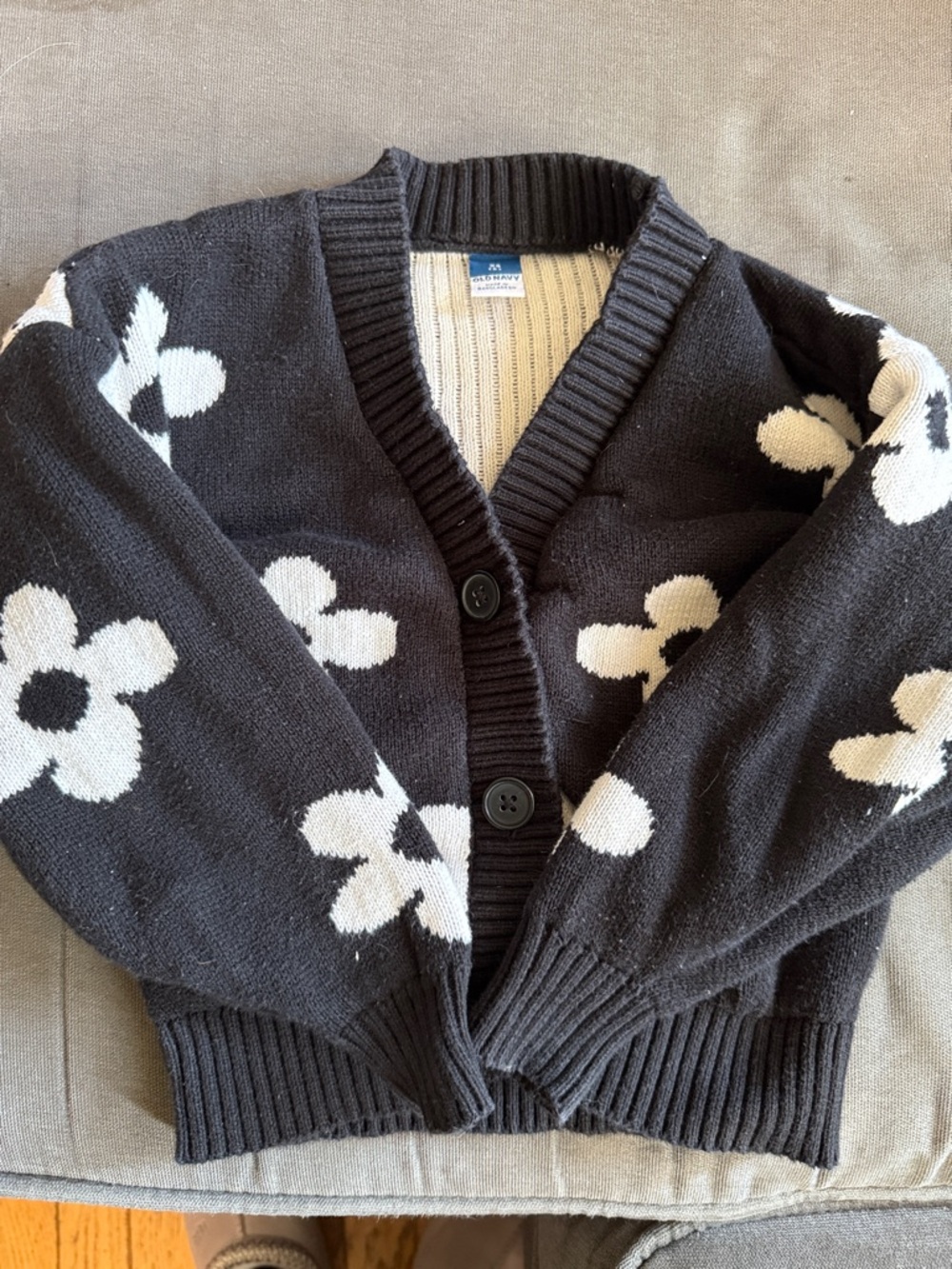 Old Navy Black Cardigan Sweater with White Floral Pattern